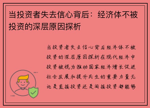 当投资者失去信心背后：经济体不被投资的深层原因探析