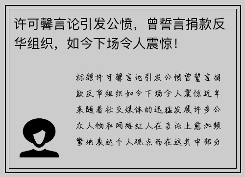 许可馨言论引发公愤，曾誓言捐款反华组织，如今下场令人震惊！