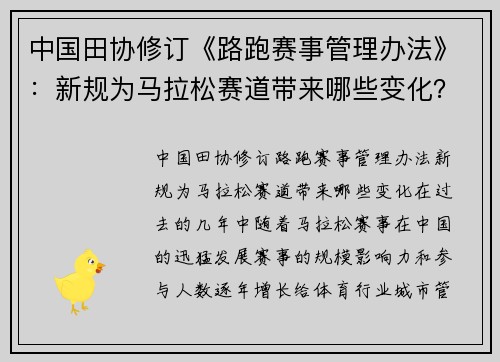 中国田协修订《路跑赛事管理办法》：新规为马拉松赛道带来哪些变化？