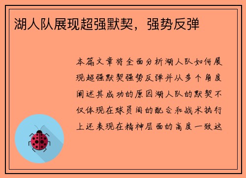 湖人队展现超强默契，强势反弹