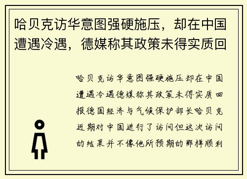 哈贝克访华意图强硬施压，却在中国遭遇冷遇，德媒称其政策未得实质回报