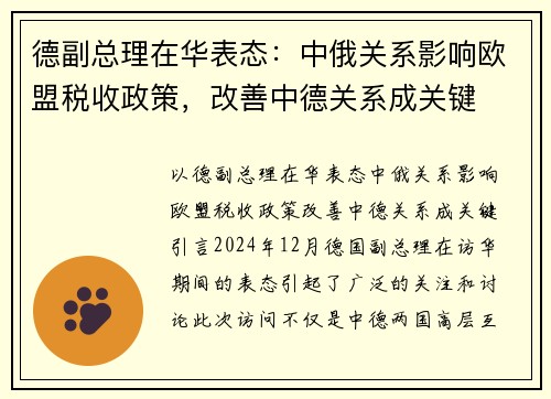 德副总理在华表态：中俄关系影响欧盟税收政策，改善中德关系成关键