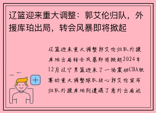 辽篮迎来重大调整：郭艾伦归队，外援库珀出局，转会风暴即将掀起