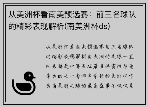 从美洲杯看南美预选赛：前三名球队的精彩表现解析(南美洲杯ds)