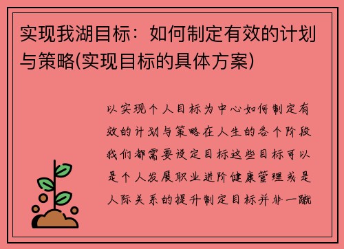 实现我湖目标：如何制定有效的计划与策略(实现目标的具体方案)